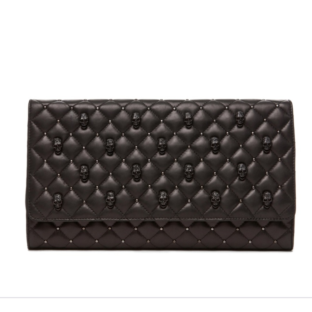 NEW Thomas Wylde Clutch Black Lambskin Skull Crystal Studded Large Dust Bag Tags